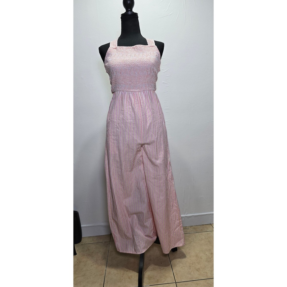 NWT Dizzy Lizzy Women Jumpsuit Size M Pink Seersucker Stripe Wide Leg Tie Back